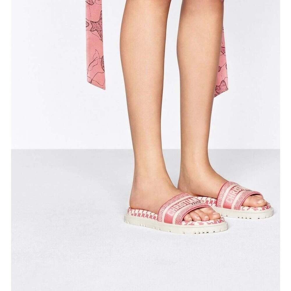 Christian Dior Dway Pink White Logo Houndstooth Slide Mule Flat Sandal 37.5 - Picture 3 of 12